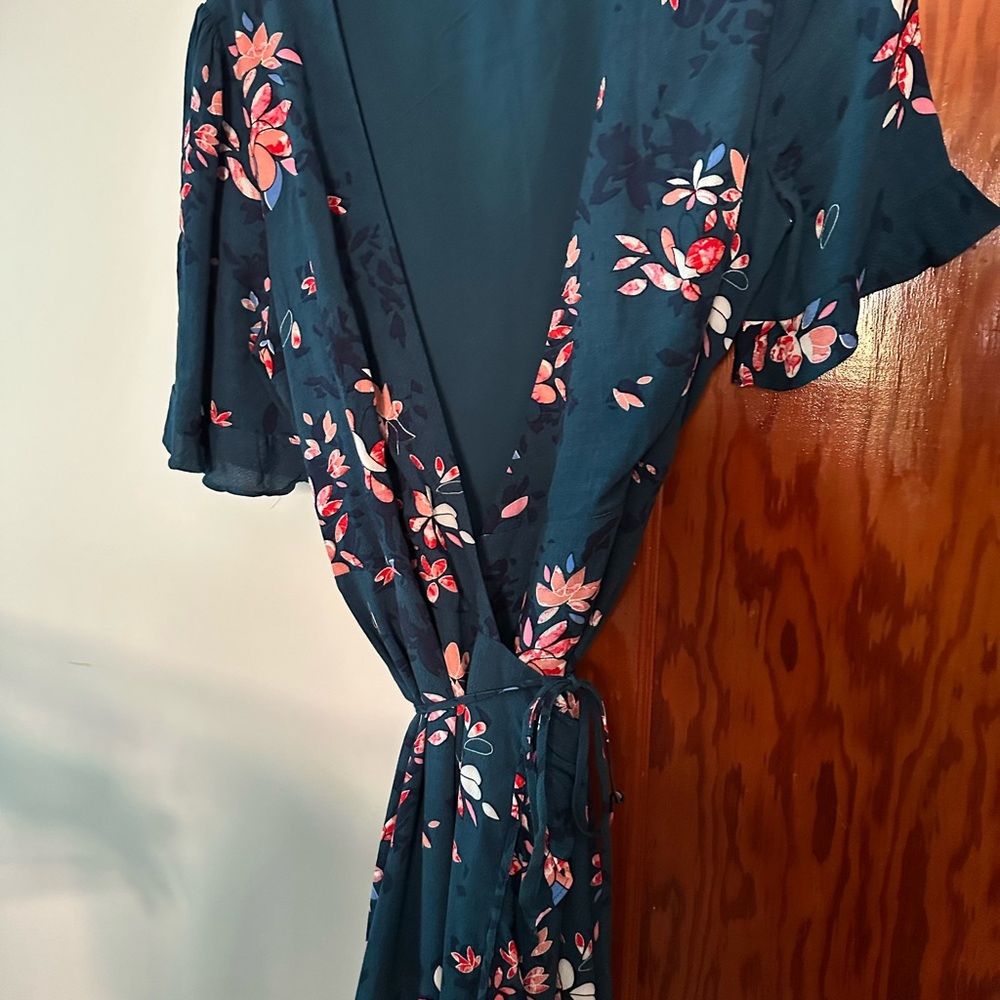 Lulu's Teal Floral Wrap Midi Dress with Pink Accents